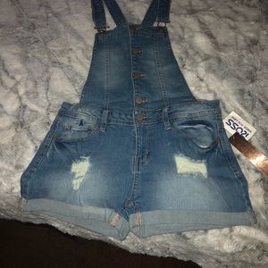 Blue Jean Ripped Short Overalls